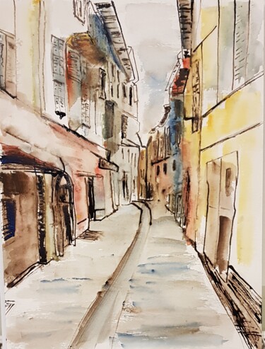 Malarstwo zatytułowany „rue de Sospel” autorstwa Ghislaine Rimmen-Mohl, Oryginalna praca, Akwarela