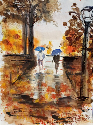 Peinture intitulée "Sous la pluie" par Ghislaine Rimmen-Mohl, Œuvre d'art originale, Aquarelle