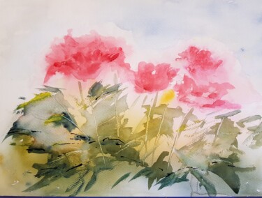 Painting titled "Fleurs roses" by Ghislaine Rimmen-Mohl, Original Artwork, Watercolor