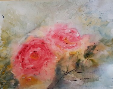 Painting titled "fleurs roses2" by Ghislaine Rimmen-Mohl, Original Artwork, Watercolor