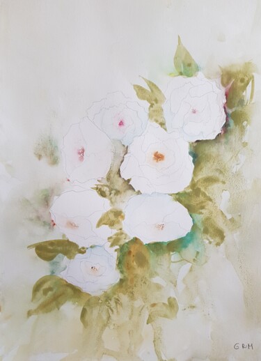 Painting titled "roses blanches" by Ghislaine Rimmen-Mohl, Original Artwork, Watercolor