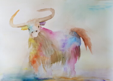 Peinture intitulée "Le yak" par Ghislaine Rimmen-Mohl, Œuvre d'art originale, Aquarelle