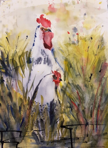 Painting titled "Coq et poulette" by Ghislaine Rimmen-Mohl, Original Artwork, Watercolor