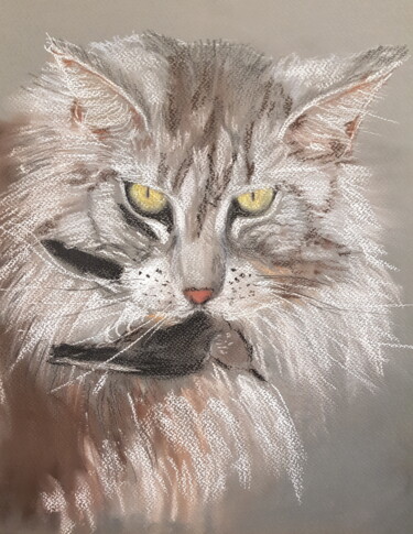 Drawing titled "chat chasseur" by Ghislaine Rimmen-Mohl, Original Artwork, Pastel