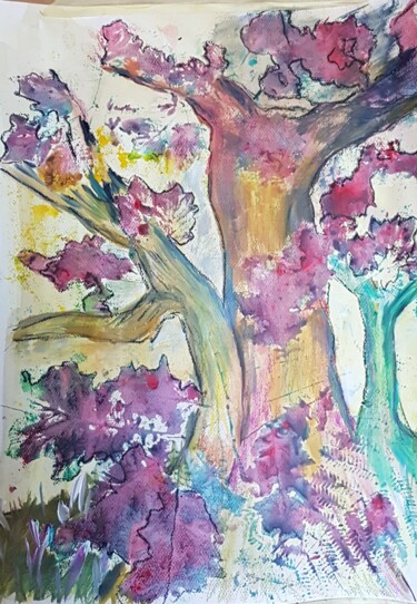 Painting titled "L'arbre aux feuilles" by Ghislaine Rimmen-Mohl, Original Artwork, Acrylic Mounted on Cardboard