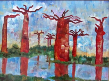 Painting titled "Baobabs de jour" by Ghislaine Rimmen-Mohl, Original Artwork, Oil Mounted on Cardboard