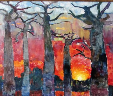 Painting titled "baobabs au coucher…" by Ghislaine Rimmen-Mohl, Original Artwork, Oil Mounted on Cardboard