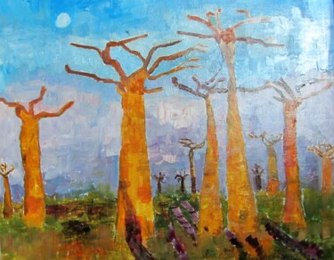 Painting titled "Baobabs au clair de…" by Ghislaine Rimmen-Mohl, Original Artwork, Oil Mounted on Cardboard
