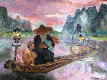 Pittura intitolato "La pêche aux cormor…" da Ghislaine Rimmen-Mohl, Opera d'arte originale, Olio Montato su Telaio per barel…