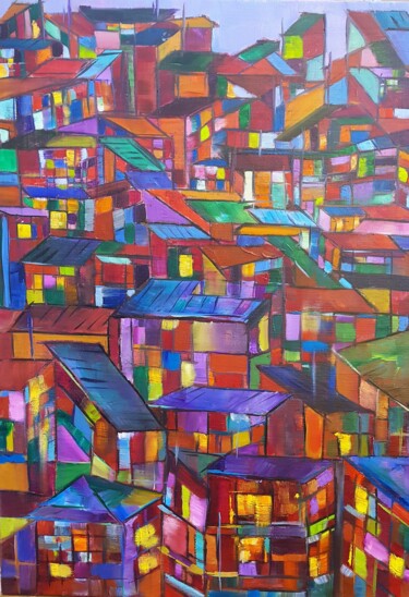 Painting titled "Maisons tibétaines…" by Ghislaine Rimmen-Mohl, Original Artwork, Oil