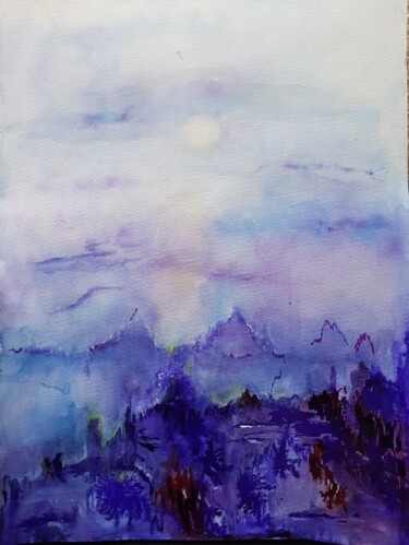 Painting titled "Pleine Lune bleue" by Ghislaine Rimmen-Mohl, Original Artwork, Watercolor