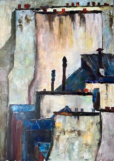 Painting titled "Parisian roofs" by Ghislaine Rimmen-Mohl, Original Artwork, Oil Mounted on Wood Stretcher frame