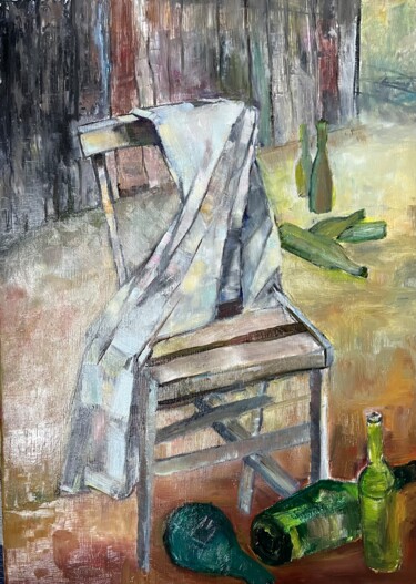 Painting titled "La chaise vide" by Ghislaine Rimmen-Mohl, Original Artwork, Oil Mounted on Wood Stretcher frame