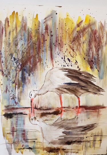 Peinture intitulée "La cigogne" par Ghislaine Rimmen-Mohl, Œuvre d'art originale, Aquarelle