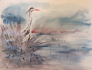 Painting titled "Le héron" by Ghislaine Rimmen-Mohl, Original Artwork, Watercolor