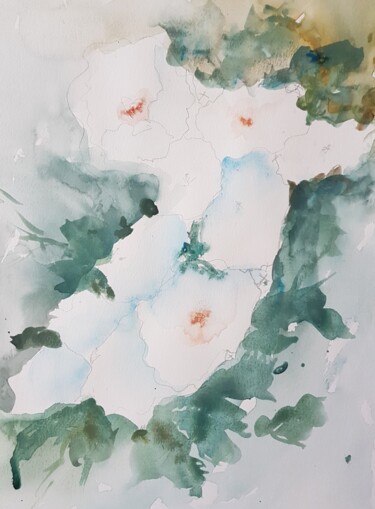 Картина под названием "Roses blanches 2" - Ghislaine Rimmen-Mohl, Подлинное произведение искусства, Акварель