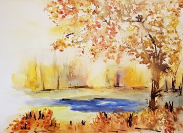 Pintura intitulada "Paysage d'automne" por Ghislaine Rimmen-Mohl, Obras de arte originais, Aquarela