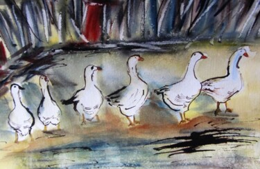 Painting titled "Les oies" by Ghislaine Rimmen-Mohl, Original Artwork, Watercolor
