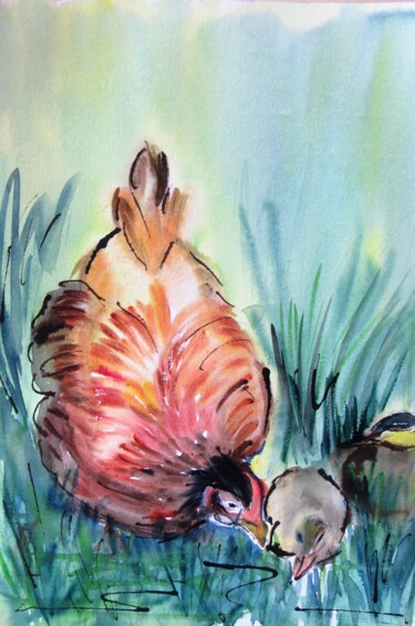 Painting titled "La poule" by Ghislaine Rimmen-Mohl, Original Artwork, Watercolor