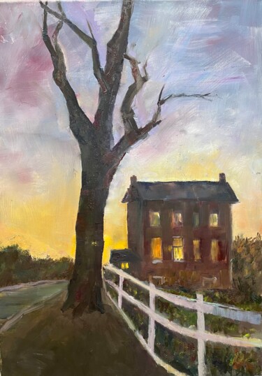 Painting titled "The farmhouse" by Ghislaine Rimmen-Mohl, Original Artwork, Oil Mounted on Wood Stretcher frame