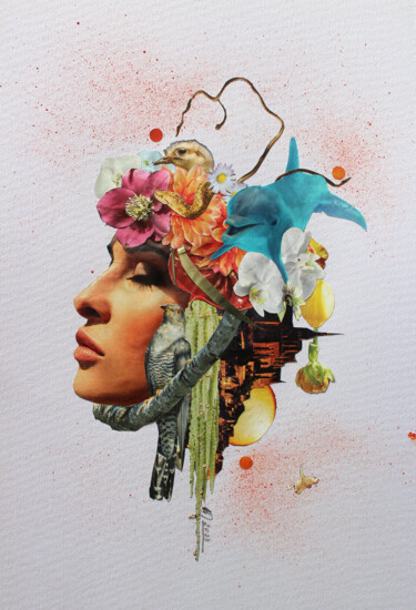Collagen mit dem Titel "Méditation" von Ghislaine Gabet, Original-Kunstwerk, Collagen