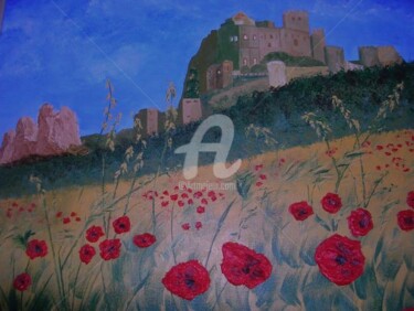 Peinture intitulée "le château aux coqu…" par Ghislaine Phelut-Sanchez, Œuvre d'art originale, Huile