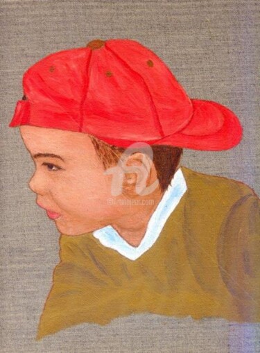 Painting titled "L ENFANT A LA CASQU…" by Ghislaine Phelut-Sanchez, Original Artwork, Oil
