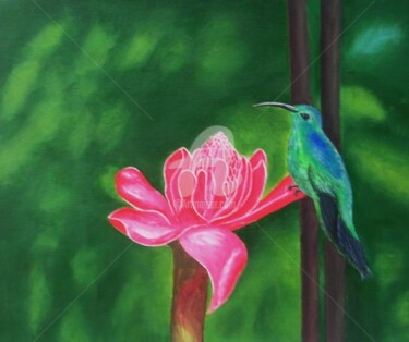 Peinture intitulée "la rose et l'oiseau…" par Ghislaine Phelut-Sanchez, Œuvre d'art originale