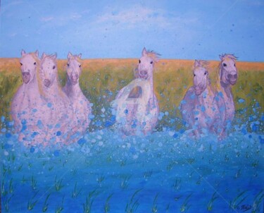 Peinture intitulée "les chevaux de cama…" par Ghislaine Phelut-Sanchez, Œuvre d'art originale, Acrylique