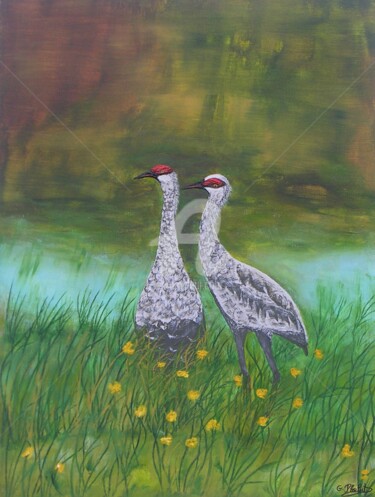 Painting titled "les grues du Canada" by Ghislaine Phelut-Sanchez, Original Artwork, Acrylic