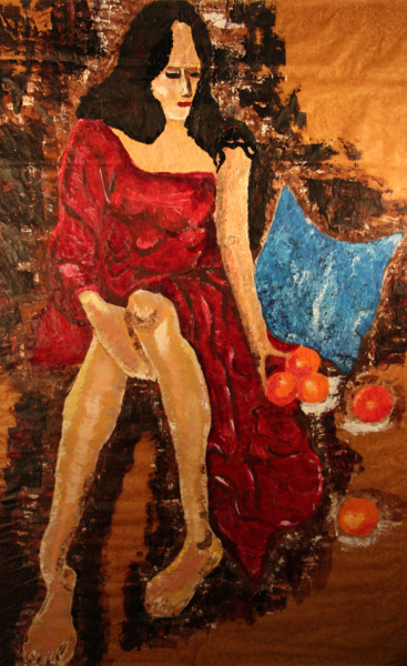 Painting titled "Sari Rouge" by Ghislaine Sabiti, Original Artwork