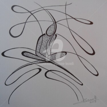 Tekening getiteld "En apesanteur" door Ghyslaine Leonelli, Origineel Kunstwerk, Balpen