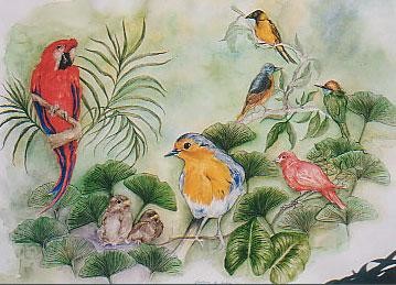 Peinture intitulée "la saga des oiseaux" par Ghyslaine De Sevlian, Œuvre d'art originale, Huile