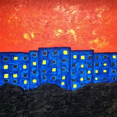 Painting titled "Sunset over the city" by Giart, Original Artwork, Acrylic