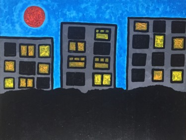 Painting titled "Red moon over the c…" by Giart, Original Artwork, Acrylic