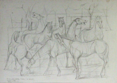 Pittura intitolato "Cavalli in recinto" da Gian Giacomo Dal Forno, Opera d'arte originale, Punta d'argento