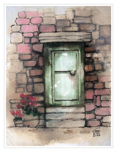 Painting titled "The green door" by Gianluigi Punzo, Original Artwork, Watercolor