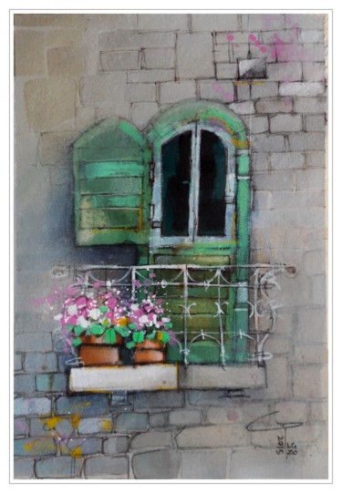Картина под названием "Balcony" - Gianluigi Punzo, Подлинное произведение искусства, Акварель