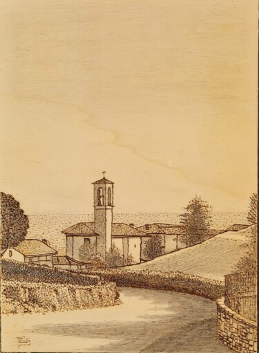 Printmaking titled "Il santuario di San…" by Gianluigi Riva, Original Artwork, Engraving Mounted on Wood Stretcher frame