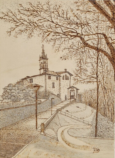Desenho intitulada "Il Santuario della…" por Gianluigi Riva, Obras de arte originais, Lápis Montado em Armação em madeira