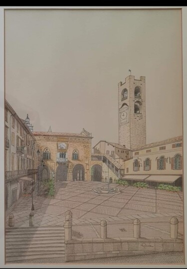 Painting titled "Bergamo - Veduta di…" by Gianluigi Riva, Original Artwork, Watercolor Mounted on artwork_cat.