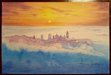 Disegno intitolato "Bergamo - Veduta di…" da Gianluigi Riva, Opera d'arte originale, Matite colorate
