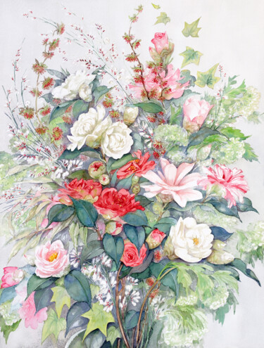 Painting titled "Camelie" by Gianna Tuninetti Lady Of Watercolors, Original Artwork, Watercolor