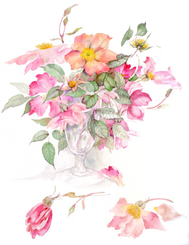 Pittura intitolato "Rose nel calice" da Gianna Tuninetti Lady Of Watercolors, Opera d'arte originale, Acquarello