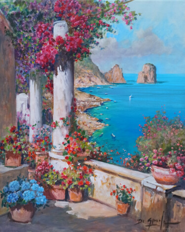 Peinture intitulée "Capri terrace with…" par Gianni Di Guida, Œuvre d'art originale, Huile Monté sur Châssis en bois