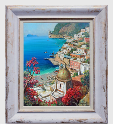 Painting titled "Window on Positano…" by Gianni Di Guida, Original Artwork, Oil Mounted on Wood Stretcher frame