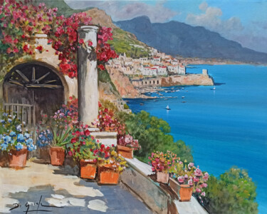 Painting titled "Terrace with flower…" by Gianni Di Guida, Original Artwork, Oil Mounted on Wood Stretcher frame