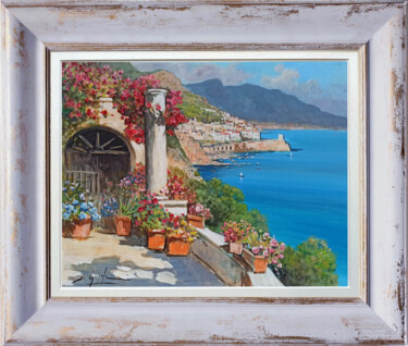 Painting titled "TERRACE WITH FLOWER…" by Gianni Di Guida, Original Artwork, Oil Mounted on Wood Stretcher frame