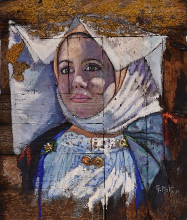Pittura intitolato ""Costume tradiziona…" da Gianni Mattu, Opera d'arte originale, Acrilico Montato su Pannello di legno