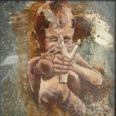 Pintura titulada "La fionda, tiro a s…" por Gianni Mattu, Obra de arte original, Oleo Montado en Metal